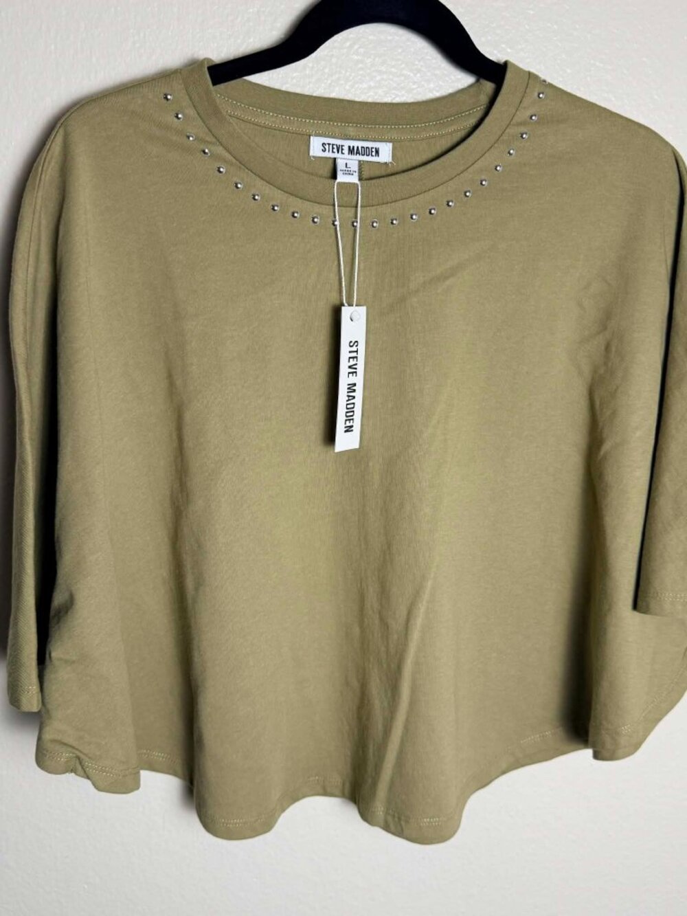Steve Madden Olive Green Embellished Crewneck Crop Top